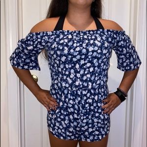 off the shoulder blue floral romper